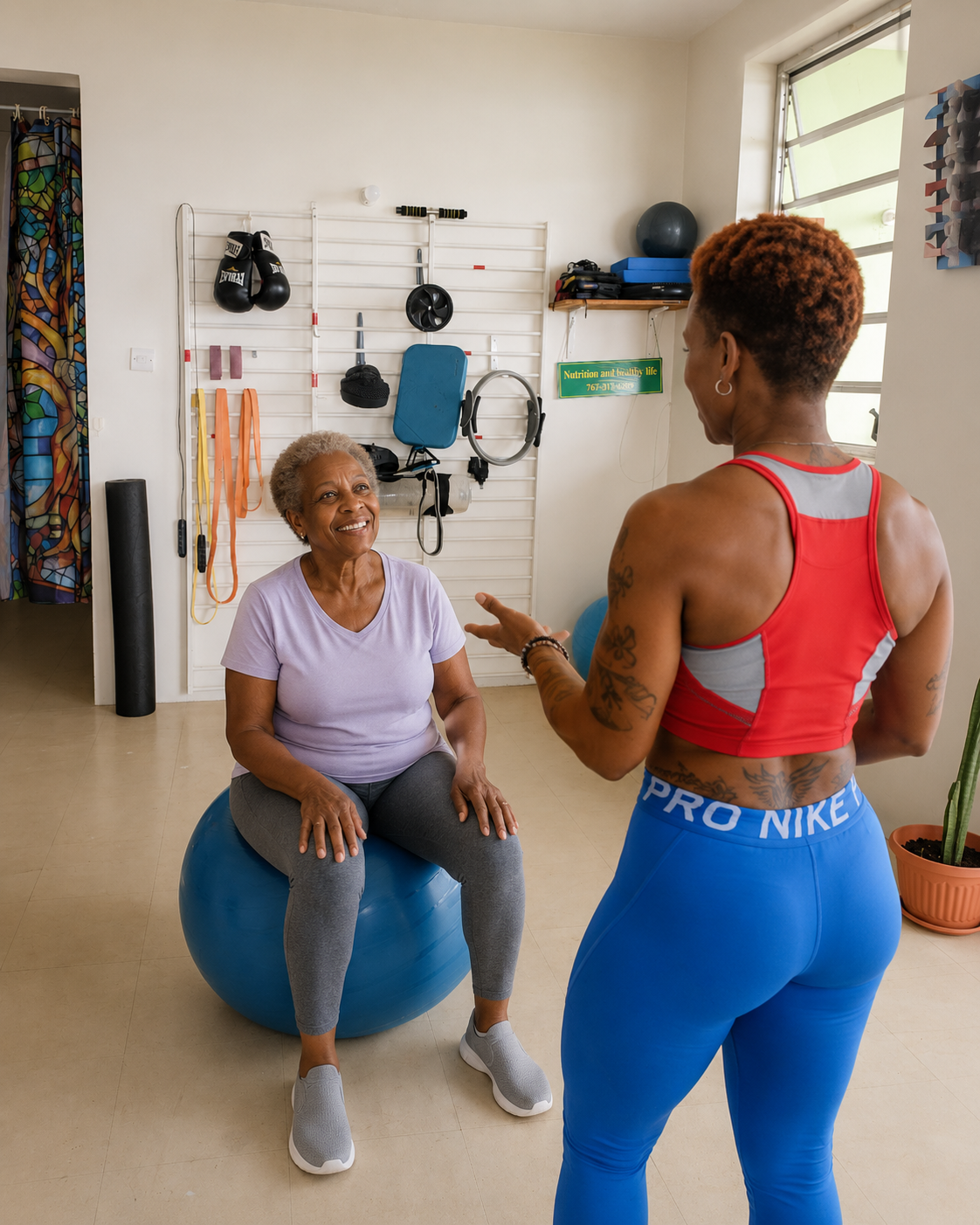 Senior participant using a Pilates ball in the studio